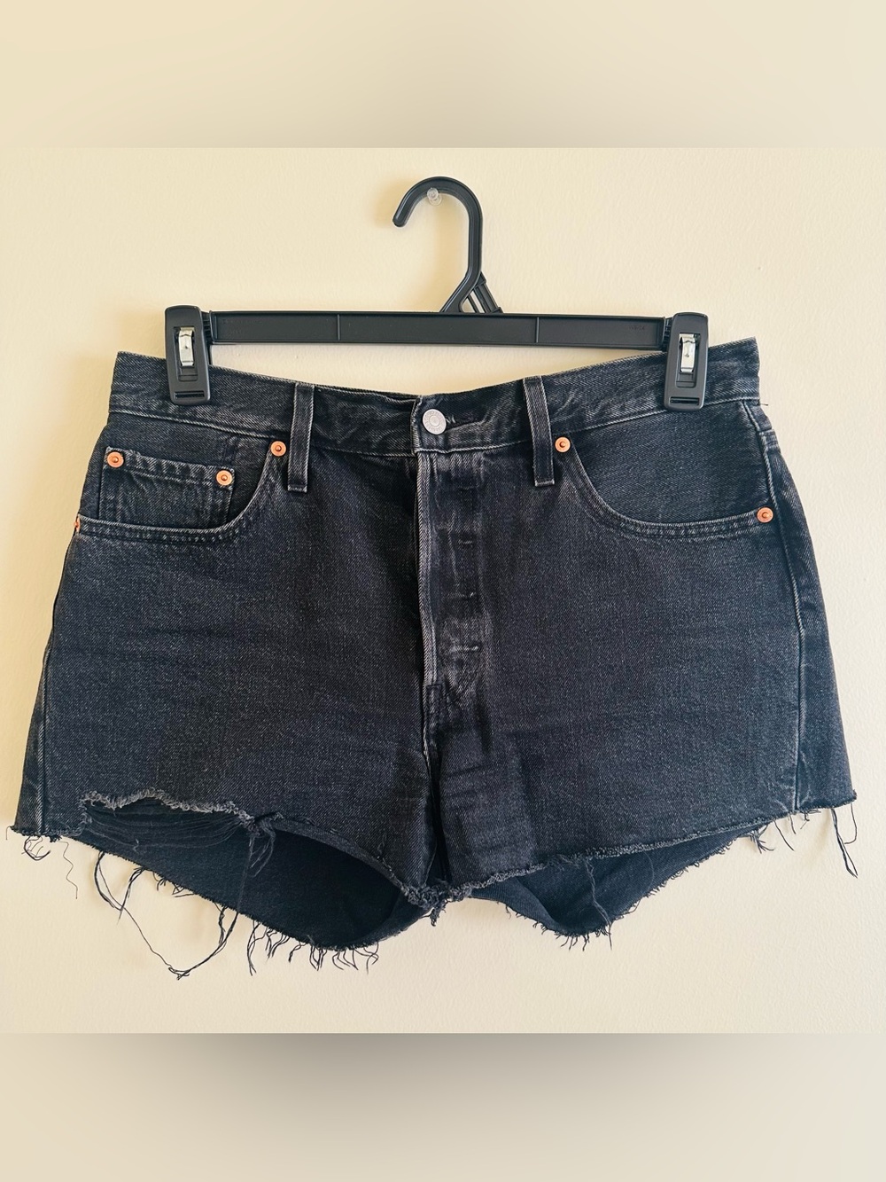 Levi's 501 Black Frayed Hem Denim Shorts - Women's